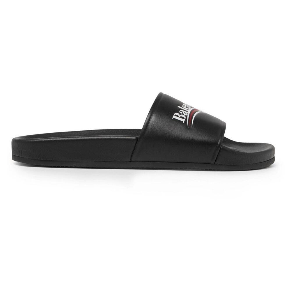 Balenciaga Black Leather Campaign Logo Slide Pool Sandal Flip Flop Flat 44 11 - Picture 3 of 15